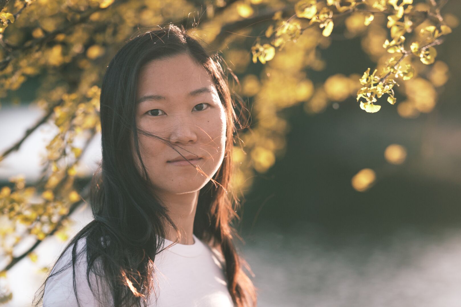 DE: Foto einer dunkelhaarigen asiatischen Frau vor einem Ginkgobaum. Das Licht fällt von rechts und lässt die Blätter des Ginkgobaums in einem leuchtenden Gelb schimmern. Der Wind weht ihr die Haare leicht ins Gesicht. Sie lächelt sanft und blickt direkt in die Kamera. Der Hintergrund ist grün und verschwommen, und die Reflexionen lassen eine Wasseroberfläche erahnen.

EN: Photo of a dark-haired Asian woman in front of a ginkgo tree. The light comes from the right side and makes the leaves of the ginkgo tree shine bright yellowish. The wind moves her hair into her face a bit. She smiles slightly and looks directly into the camera. The background is blurred green, and reflections form a water surface.